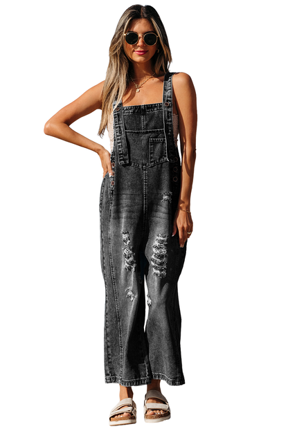 Stone Blue Distressed Bib Pocket Wide Leg Denim Overall