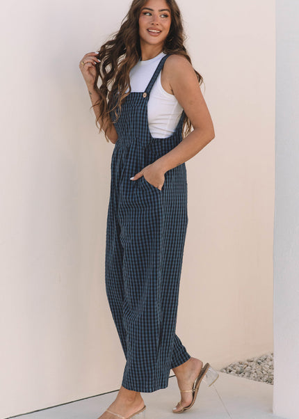 Sail Blue Plaid Print Buttoned Pocketed High Waist Overall