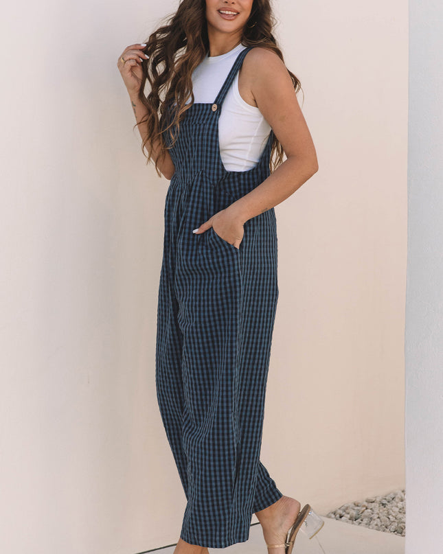 Sail Blue Plaid Print Buttoned Pocketed High Waist Overall