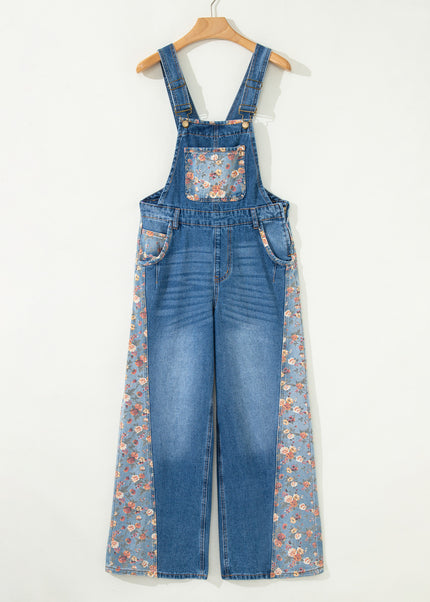 Peacock Blue Floral Patchwork Bib Denim Wide Leg Overalls