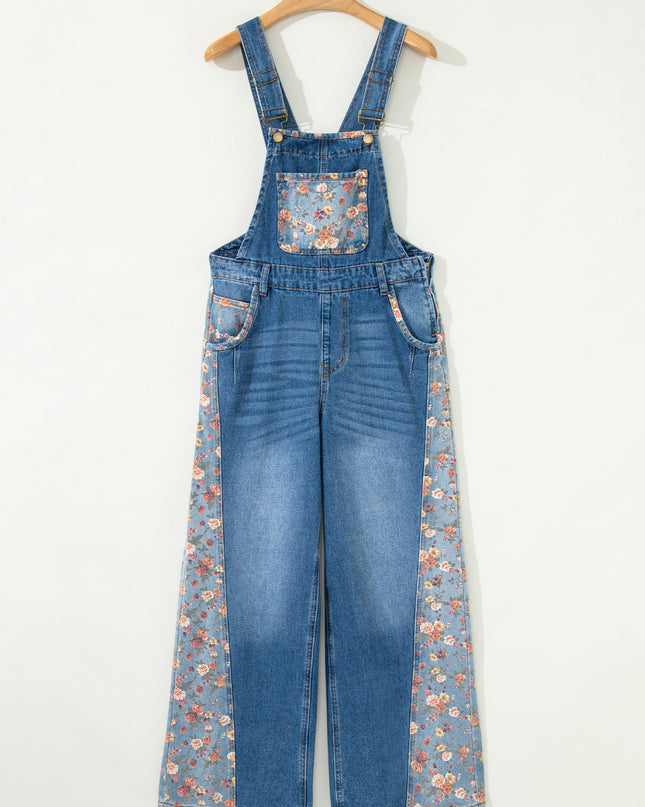 Peacock Blue Floral Patchwork Bib Denim Wide Leg Overalls