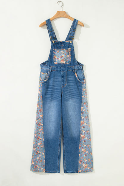 Peacock Blue Floral Patchwork Bib Denim Wide Leg Overalls
