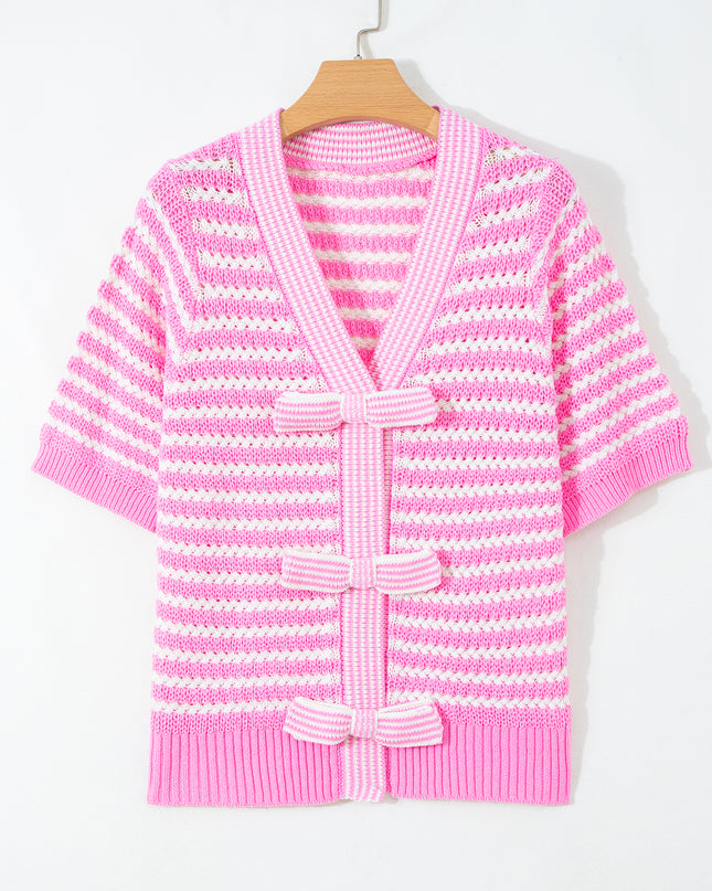 Pink Stripe Short Sleeve Knit V Neck Bow Knot Sweater