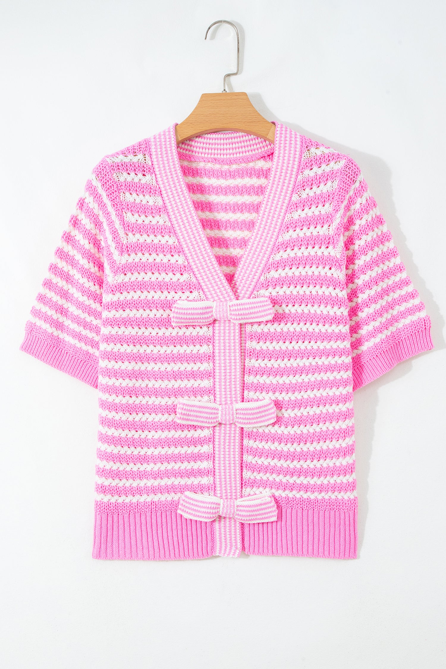 Pink Stripe Short Sleeve Knit V Neck Bow Knot Sweater