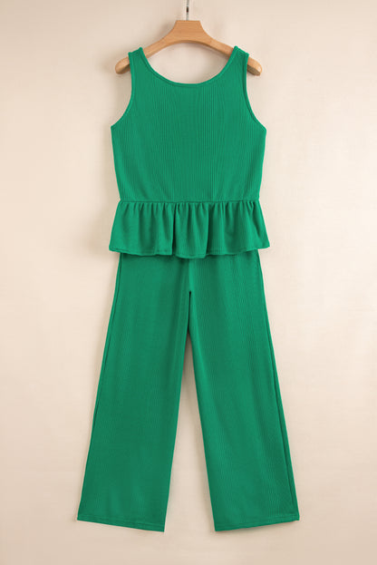 Beau Blue Solid Color Ribbed Ruffle Tank Top and Pants Set