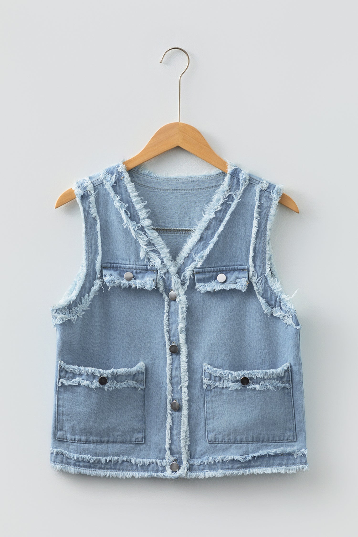 Beau Blue Frayed Edge Flap Pockets Denim Vest Jacket