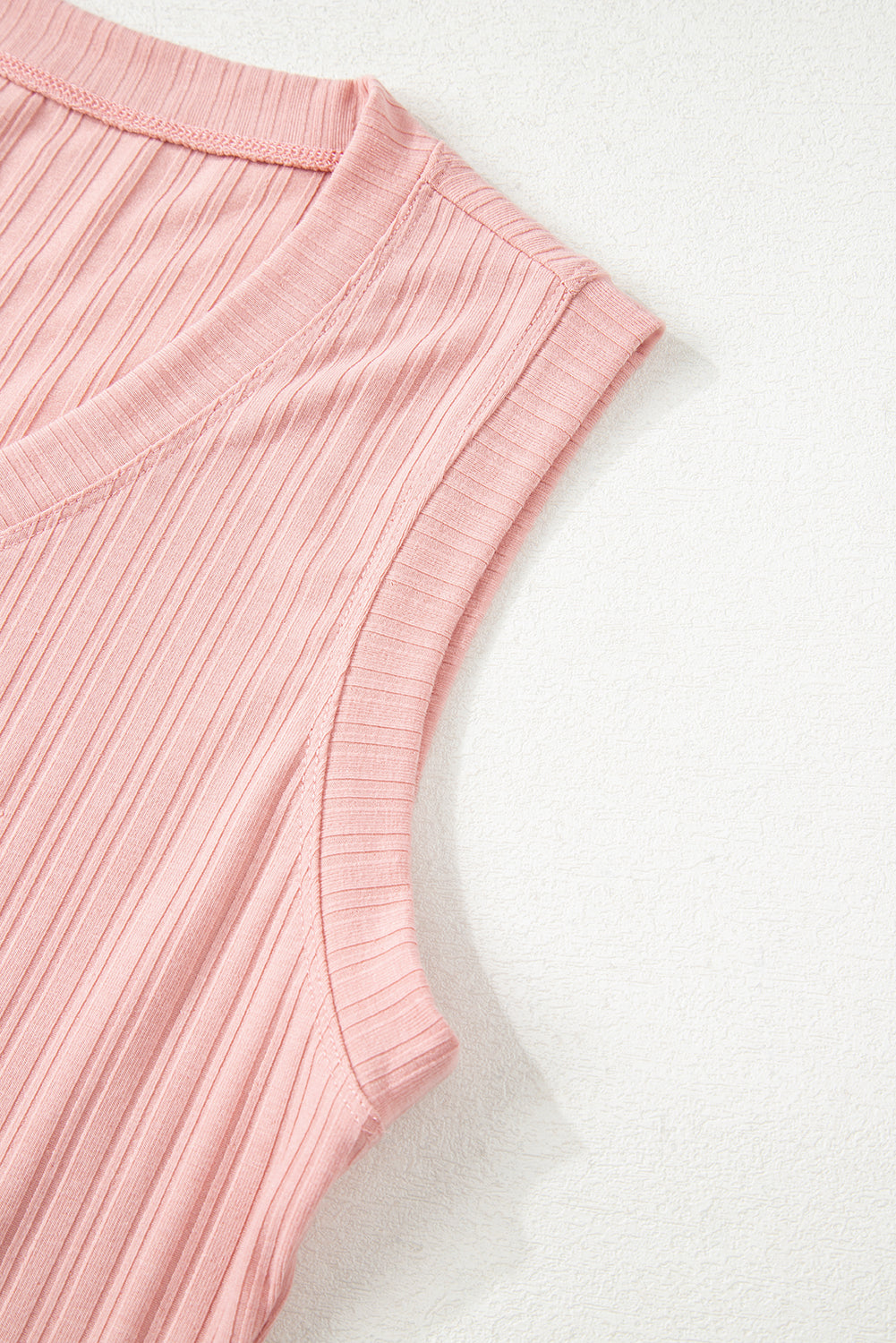 Gossamer Pink Ribbed Button V Neck Tank Top and Shorts Set