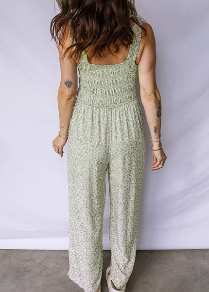 Green Smocked Bodice Square Neck Sleeveless Floral Jumpsuit