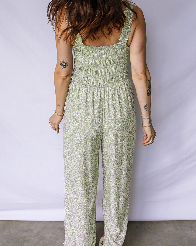 Green Smocked Bodice Square Neck Sleeveless Floral Jumpsuit