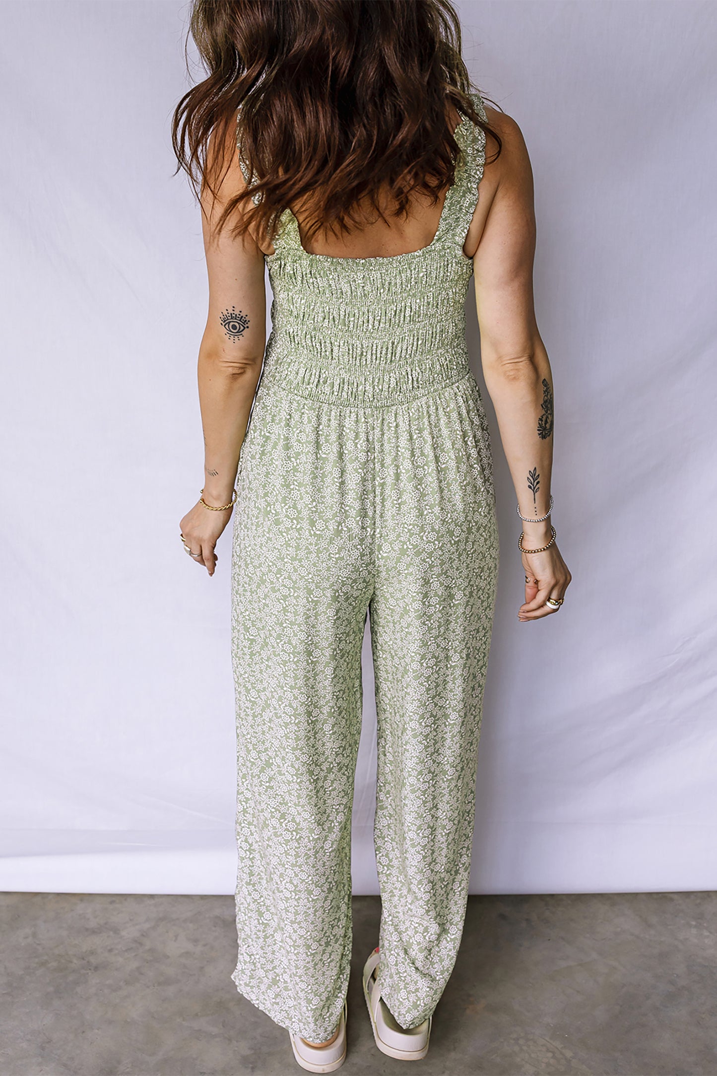 Green Smocked Bodice Square Neck Sleeveless Floral Jumpsuit