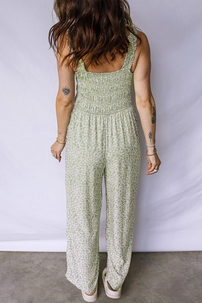 Green Smocked Bodice Square Neck Sleeveless Floral Jumpsuit