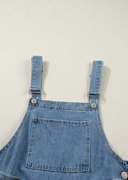 Dusk Blue Pleated Wide Leg Retro Pocketed Denim Jumpsuit