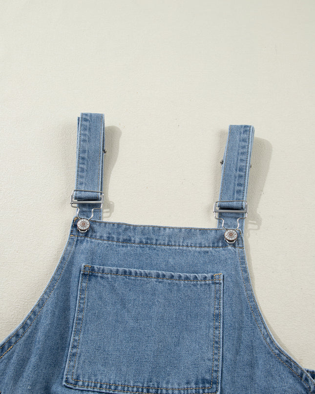 Dusk Blue Pleated Wide Leg Retro Pocketed Denim Jumpsuit