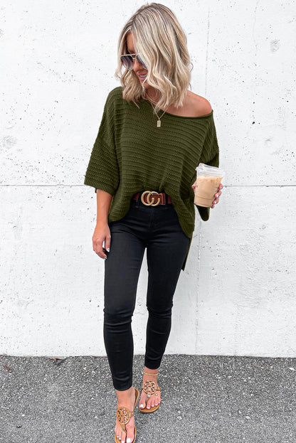 Beige Textured Knit Drop Shoulder Short Sleeve Sweater