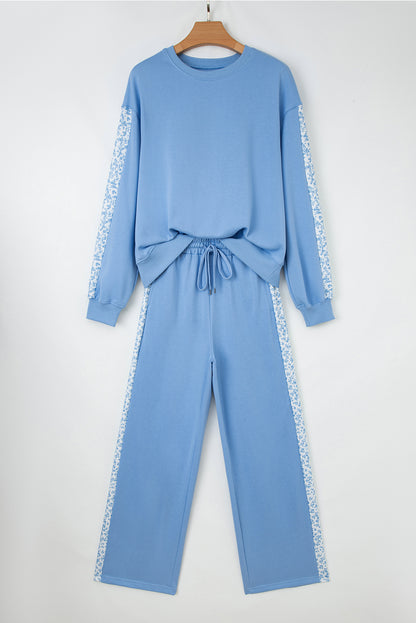 Beau Blue Floral Patchwork Drop Shoulder Pullover and Sweatpants Lounge Set