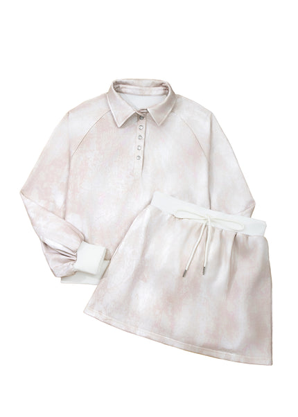 White Abstract Woodland Print Balloon Sleeve Pullover Drawstring Mini Skort Set
