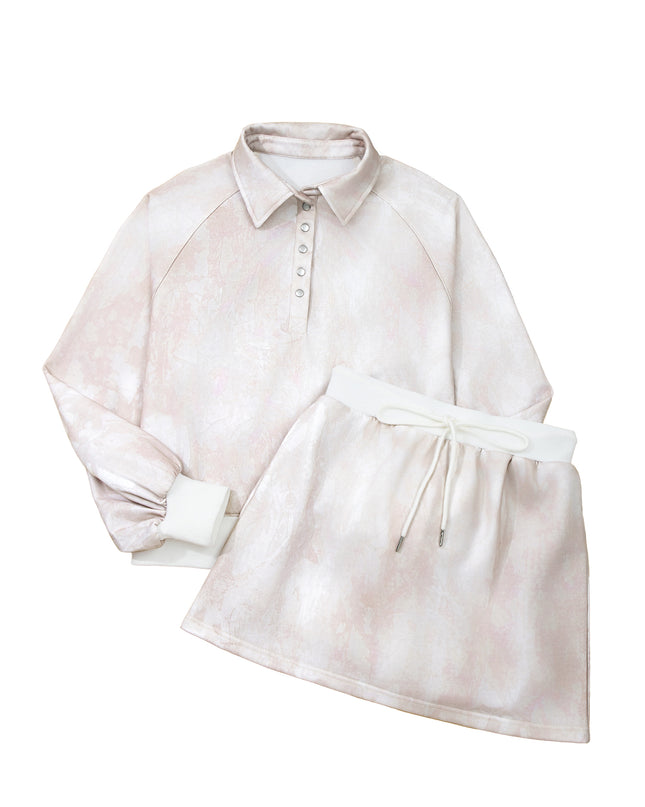 White Abstract Woodland Print Balloon Sleeve Pullover Drawstring Mini Skort Set