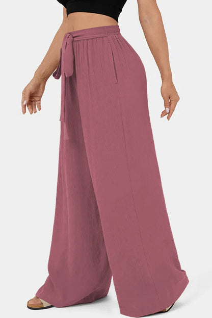 Coffee High Waisted Tie Front Side Pocket Wide Leg Flowy Casual Pants