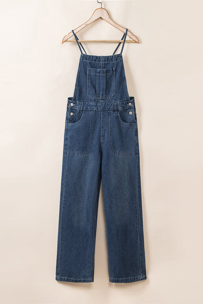 Dark Blue Crossed Tie Straps Bib Pocket Loose Denim Overalls