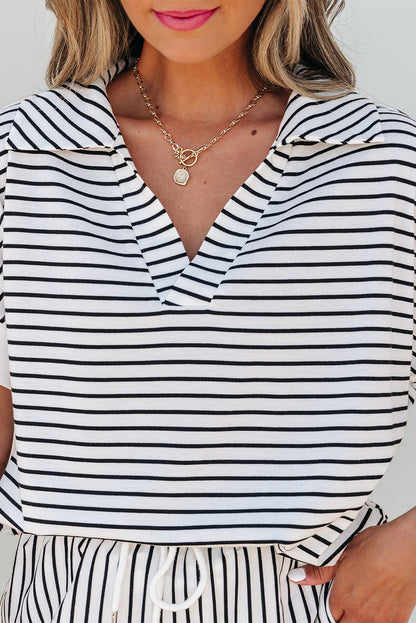 Black Stripe V Neck Tee and Casual Short Set