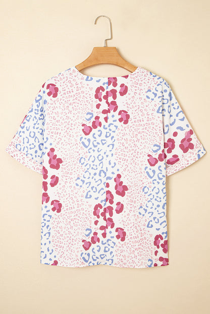 Leopard Print V Neck Short Sleeve Blouse
