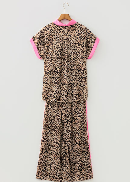 Brown Contrast Trim Leopard Top and Pant Set