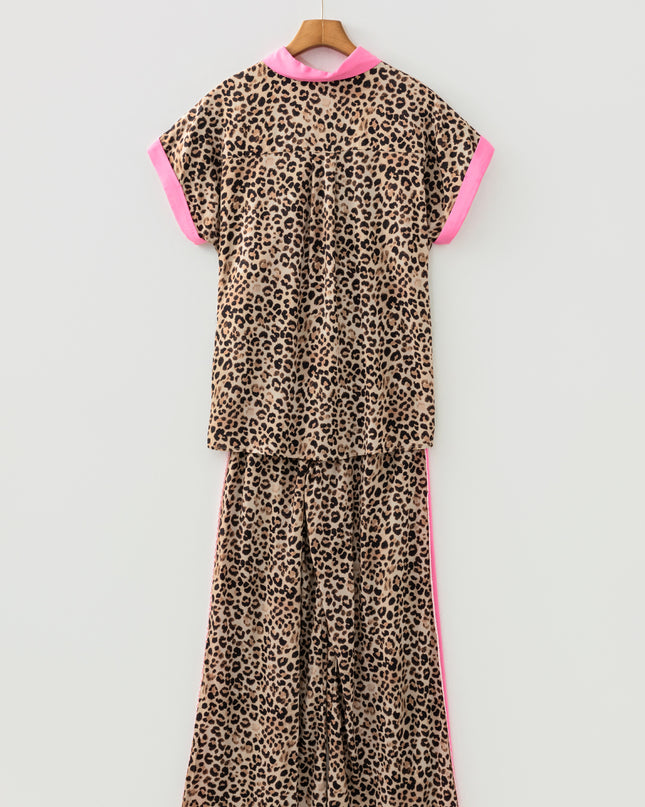 Brown Contrast Trim Leopard Top and Pant Set