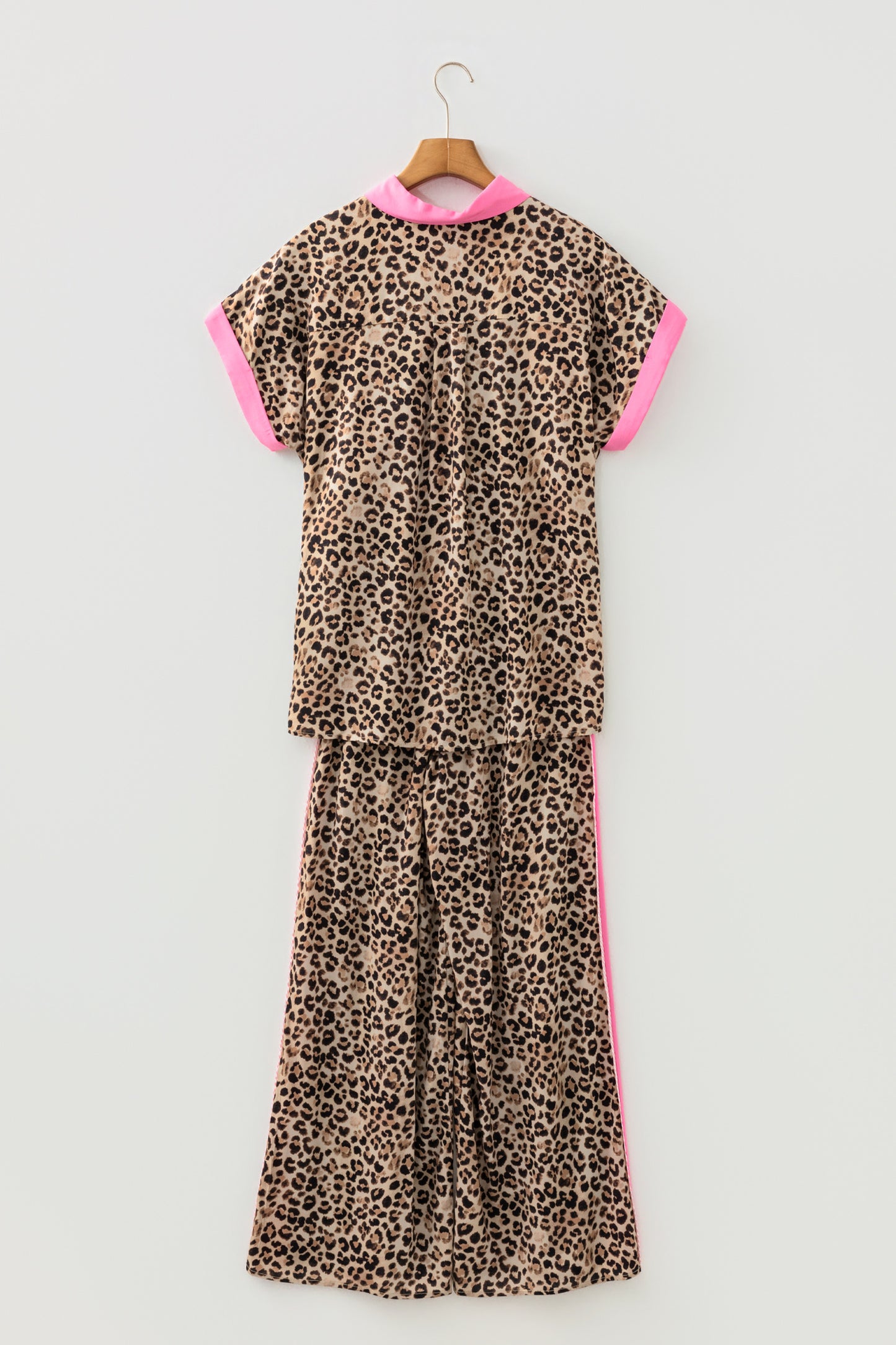 Brown Contrast Trim Leopard Top and Pant Set