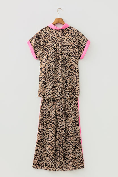 Brown Contrast Trim Leopard Top and Pant Set