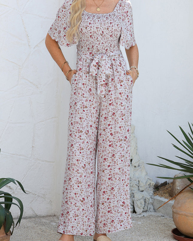 White Smocked Short Sleeve Wide Leg Floral Print Jumpsuit