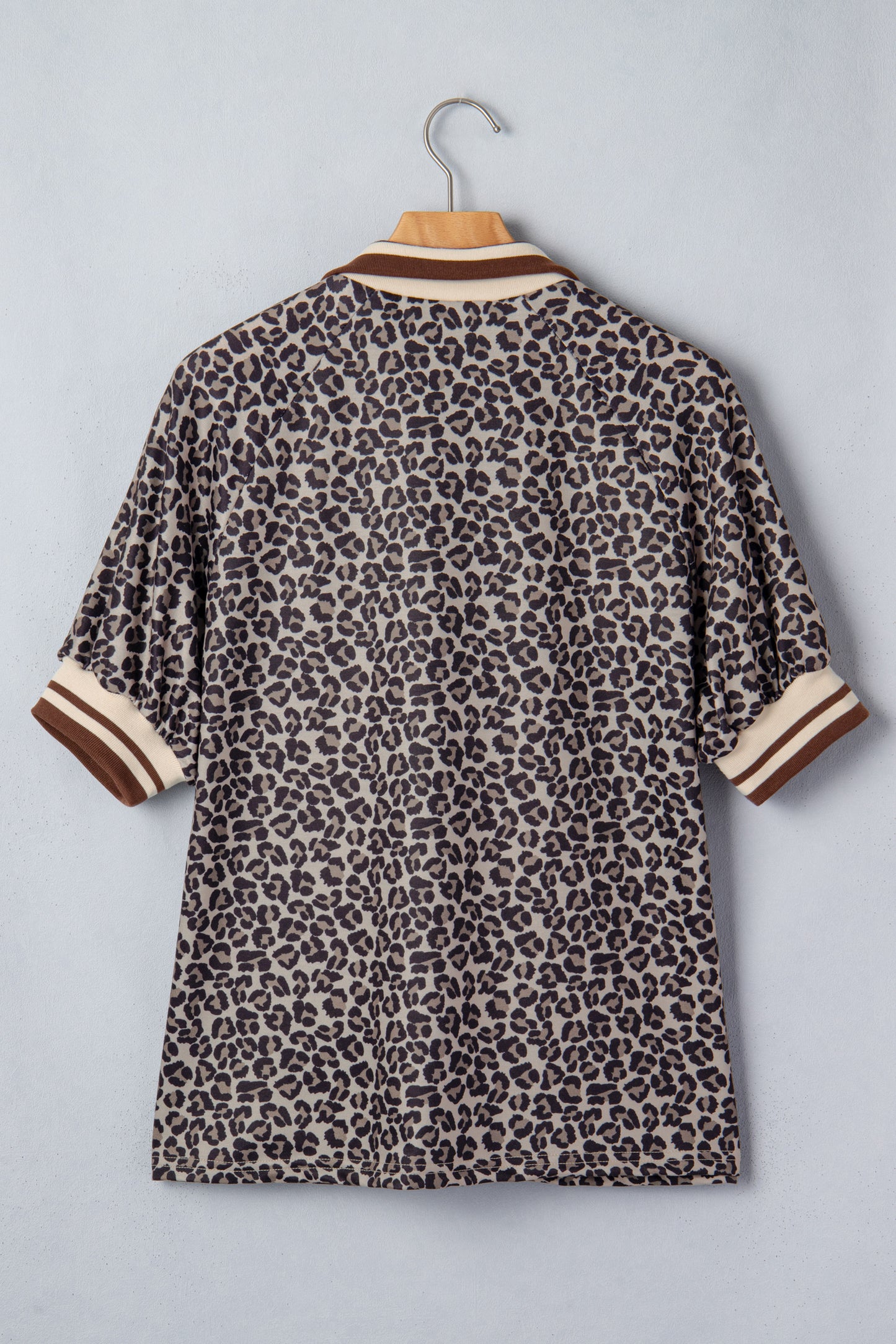 Khaki Leopard Print Half Zip Striped Trim Patchwork Short Sleeve Top