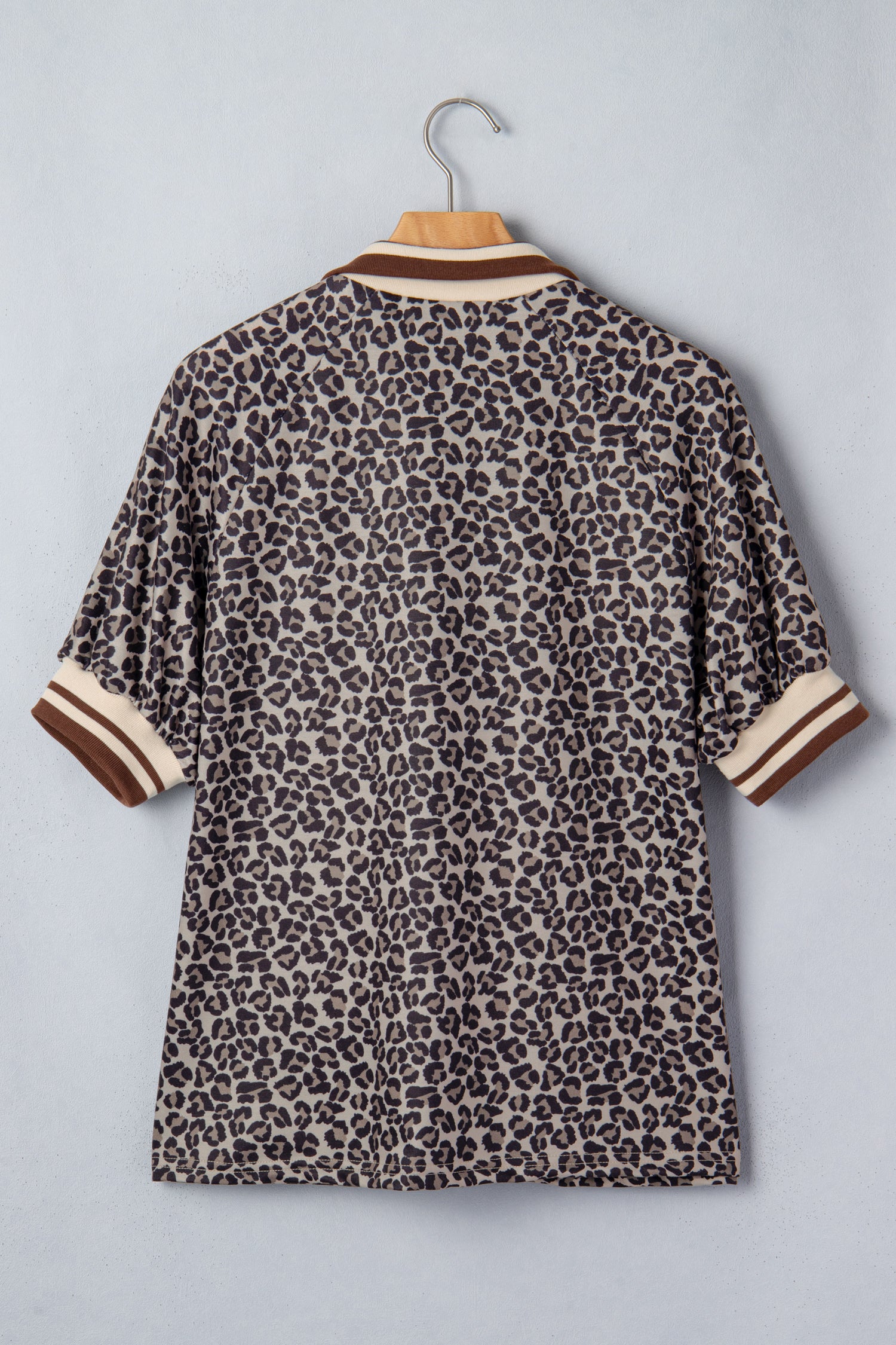 Khaki Leopard Print Half Zip Striped Trim Patchwork Short Sleeve Top