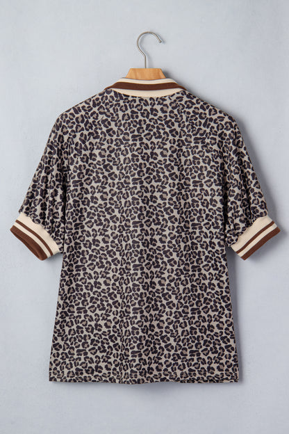 Khaki Leopard Print Half Zip Striped Trim Patchwork Short Sleeve Top