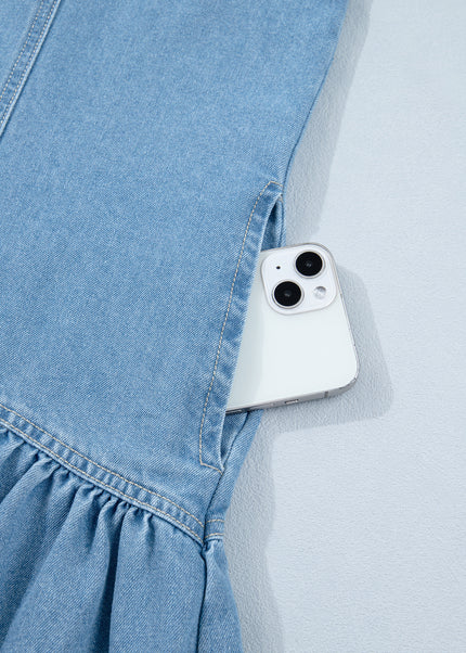 Beau Blue Button Down Short Puff Sleeve Ruffle Hem Patchwork Denim Dress