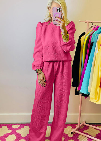 Rose Red Textured Puff Sleeve Top and Pants Set