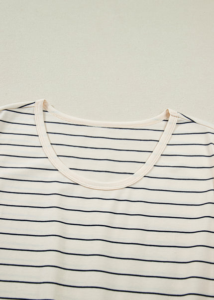 Beige Stripe Drawstring Tunic Tank Mini Dress with Pockets