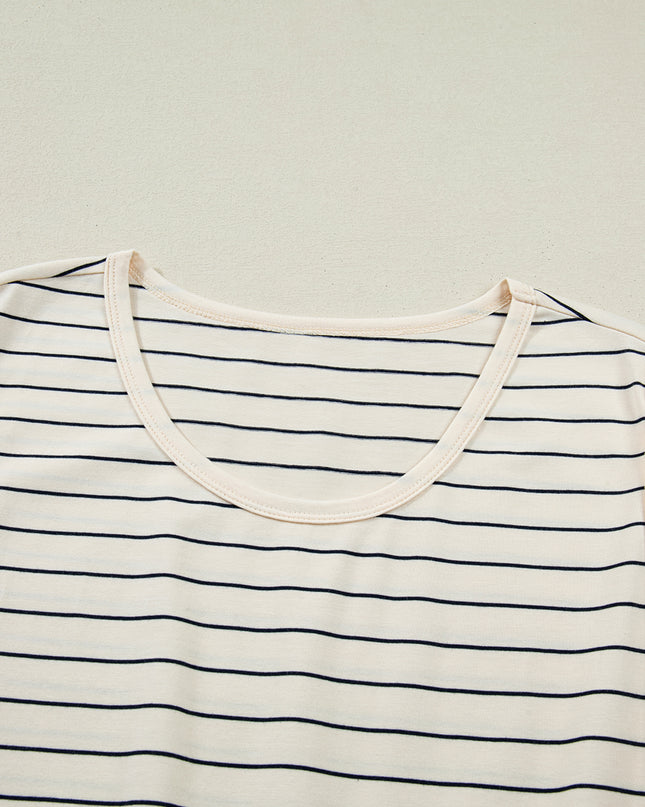 Beige Stripe Drawstring Tunic Tank Mini Dress with Pockets