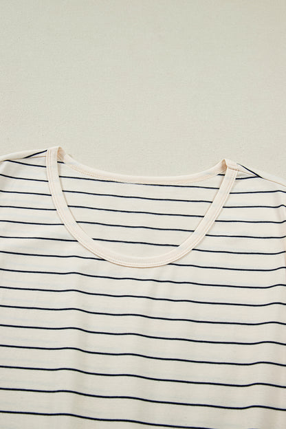 Beige Stripe Drawstring Tunic Tank Mini Dress with Pockets