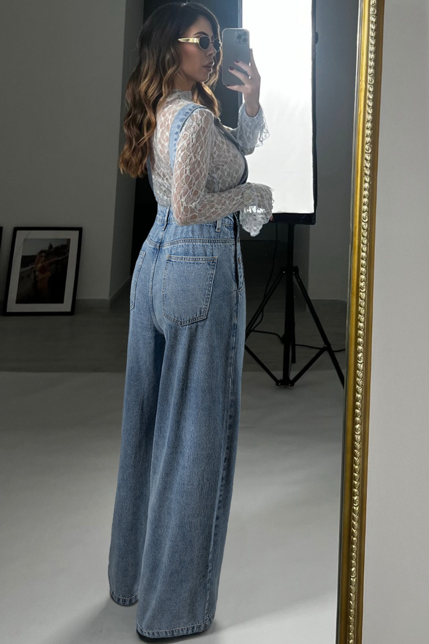 Dusk Blue Pleated Wide Leg Retro Pocketed Denim Jumpsuit