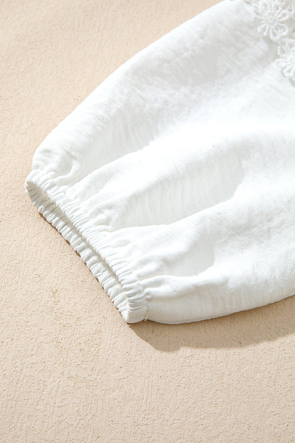 White Solid Color Floral Guipure Patchwork Frilled Long Sleeve Blouse