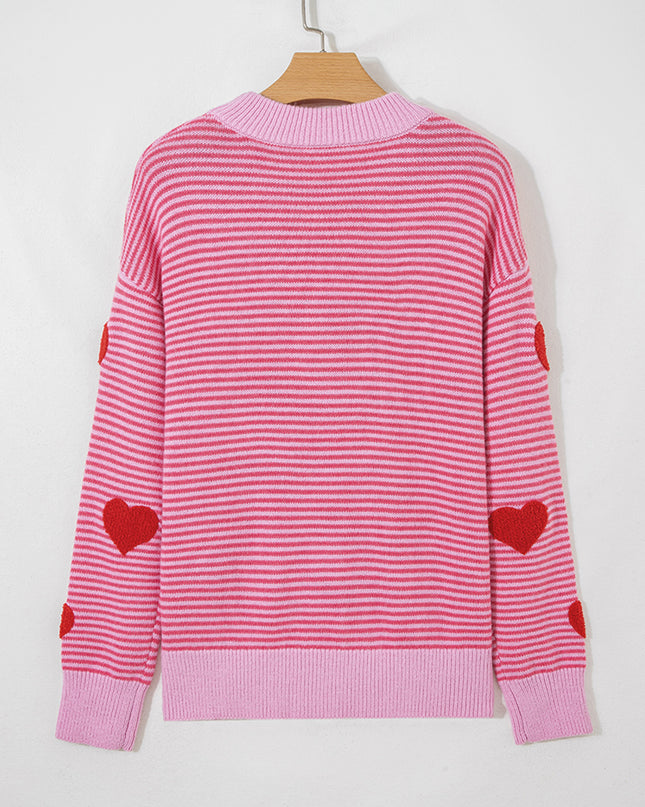 Gray Stripe Contrast Heart Pattern Valentine Knit Sweater