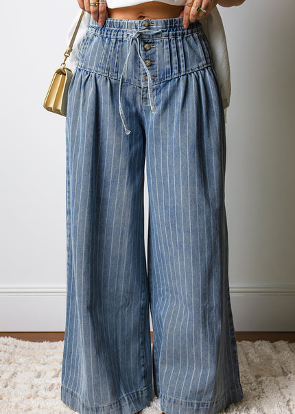 Sky Blue Stripe Button Pleated Drawstring Waist Casual Wide Leg Jeans