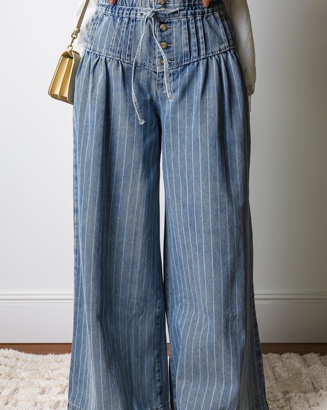 Sky Blue Stripe Button Pleated Drawstring Waist Casual Wide Leg Jeans