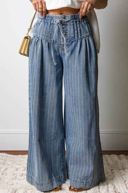 Sky Blue Stripe Button Pleated Drawstring Waist Casual Wide Leg Jeans