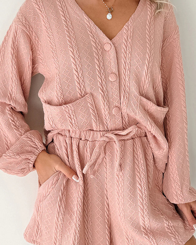 Gossamer Pink Cable Knit V Neck Cardigan Shorts Set