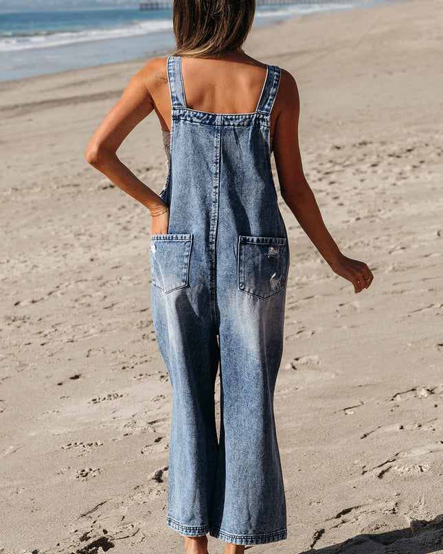 Stone Blue Distressed Bib Pocket Wide Leg Denim Overall
