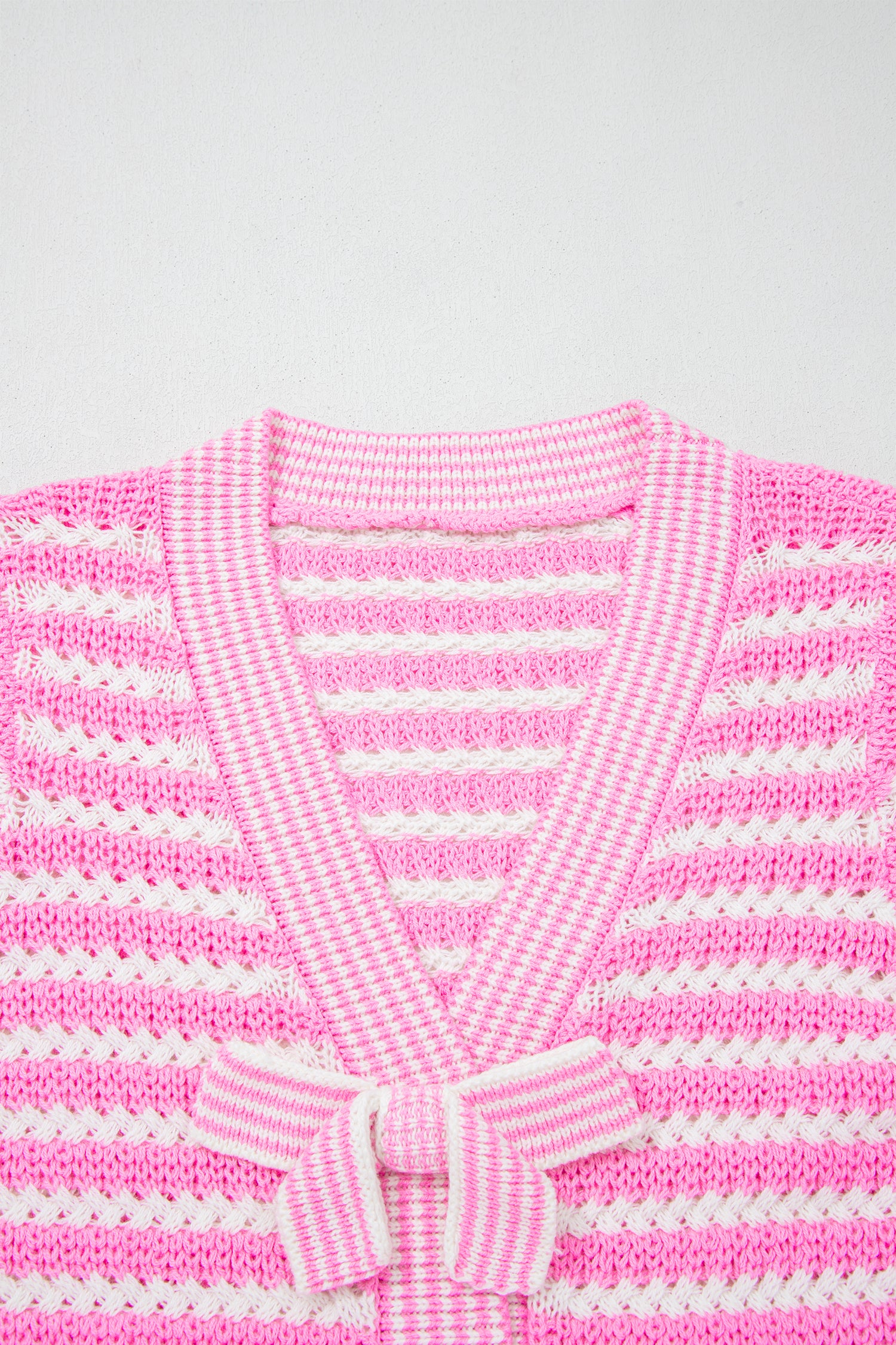 Pink Stripe Short Sleeve Knit V Neck Bow Knot Sweater