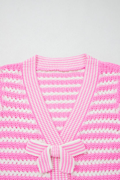 Pink Stripe Short Sleeve Knit V Neck Bow Knot Sweater