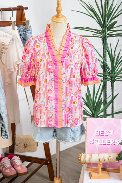 Pink Poppy Flower Striped Print Color Block Trim V Neck Short Sleeve Blouse