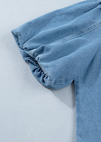 Beau Blue Button Down Short Puff Sleeve Ruffle Hem Patchwork Denim Dress